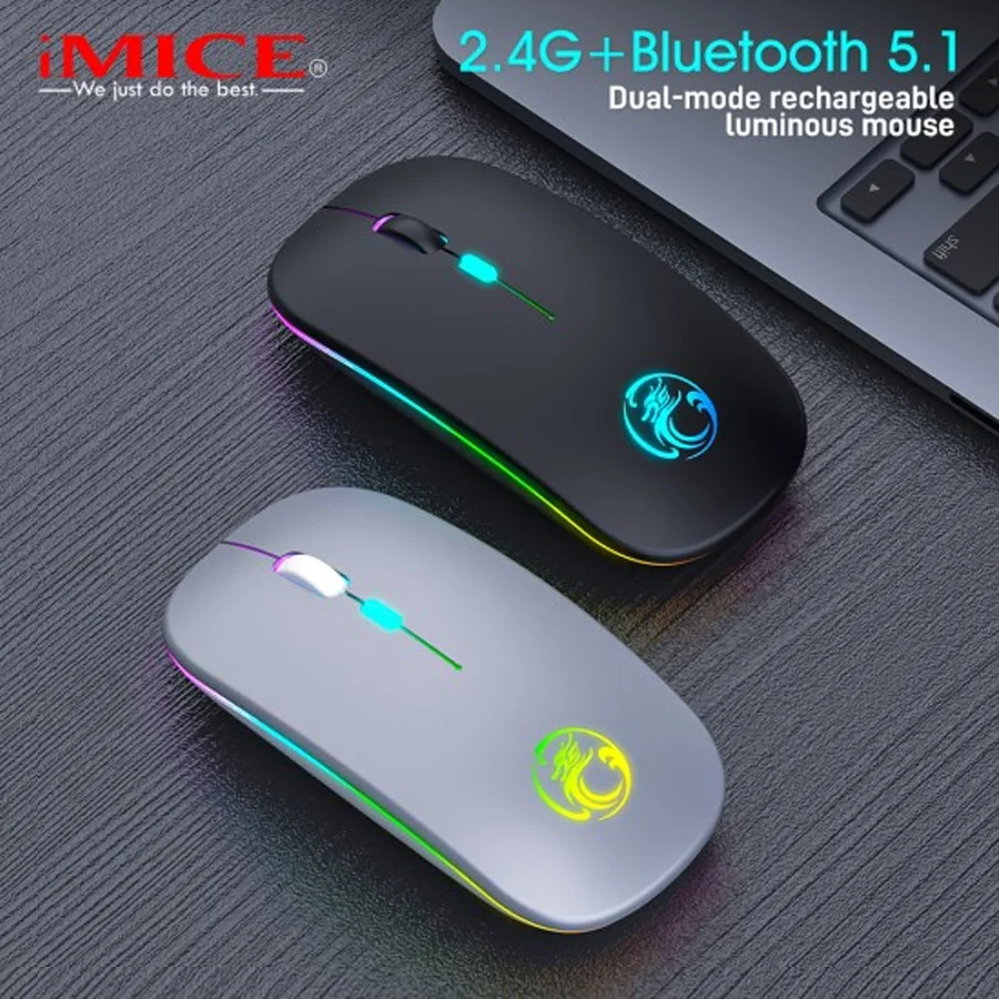 iMICE прямые поставки с фабрики, светящаяся перезаряжаемая Bluetooth, двухрежимная беспроводная бесшумная мышь, настольная мини-мышь для ноутбука