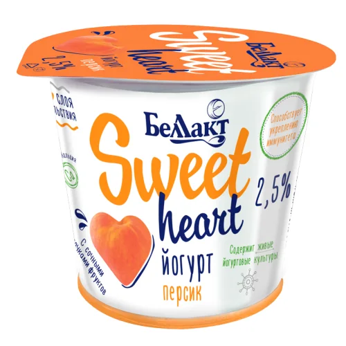 Йогурт "Беллакт" двухслойный "Sweet heart" 2,5% "Персик" в полимерном стакане 150 г