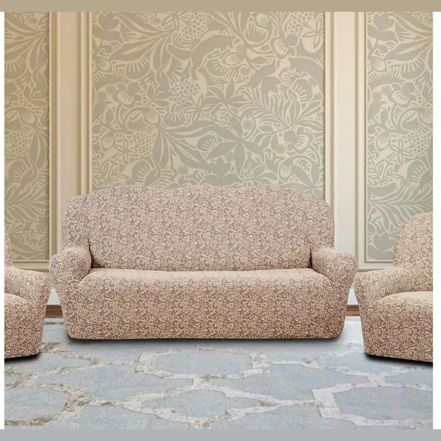 Чехол на диван и 2 кресла без оборки Жаккард Цветы кремовый