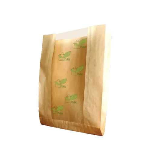 Paper bag with a V-shaped bottom with a transparent window with and without a seal