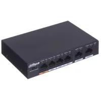 DAHUA DH-PFS3006-4ET-60 4-портовый неуправляемый коммутатор с РоЕ, 4xRJ45 100Mb PoE, 2xRJ45 100Mb uplink, суммарно 60Вт, коммутация 1.8 Гбит/с, MAC-таблица 2К, металл