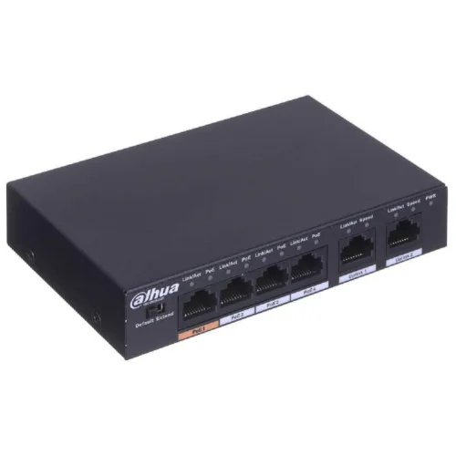 DAHUA DH-PFS3006-4ET-60 4-портовый неуправляемый коммутатор с РоЕ, 4xRJ45 100Mb PoE, 2xRJ45 100Mb uplink, суммарно 60Вт, коммутация 1.8 Гбит/с, MAC-таблица 2К, металл