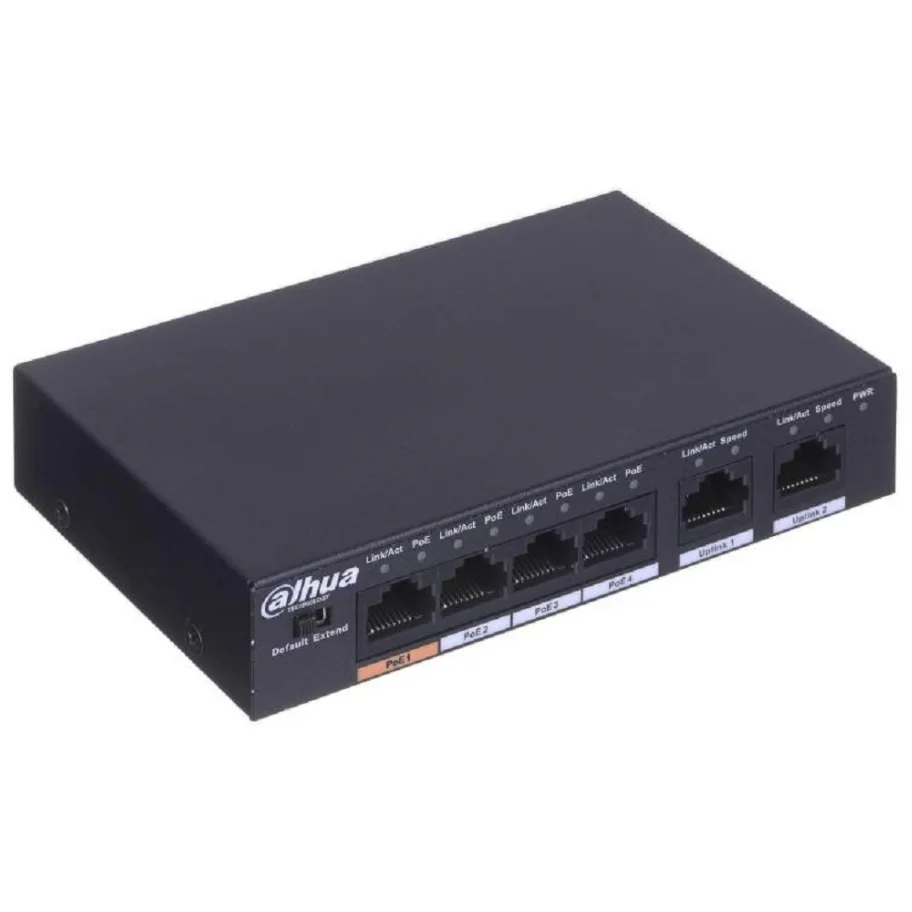 DAHUA DH-PFS3006-4ET-60 4-портовый неуправляемый коммутатор с РоЕ, 4xRJ45 100Mb PoE, 2xRJ45 100Mb uplink, суммарно 60Вт, коммутация 1.8 Гбит/с, MAC-таблица 2К, металл
