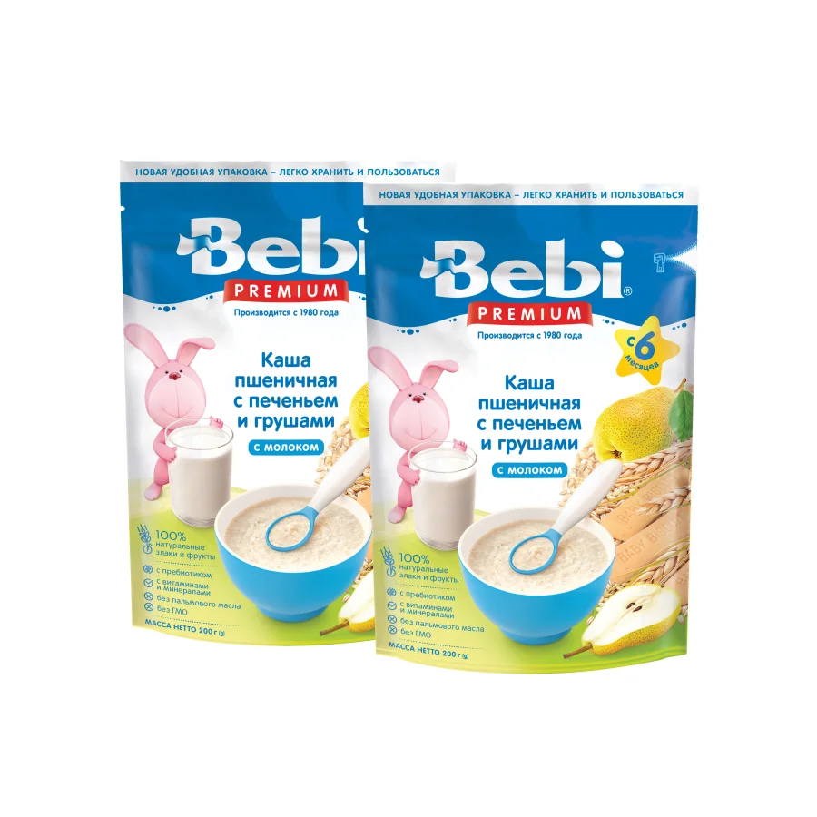 Каша для детей Bebi Premium  Молочная  Пшеничная с печеньем и грушами с 6 мес. 200 гр (9 шт.)
