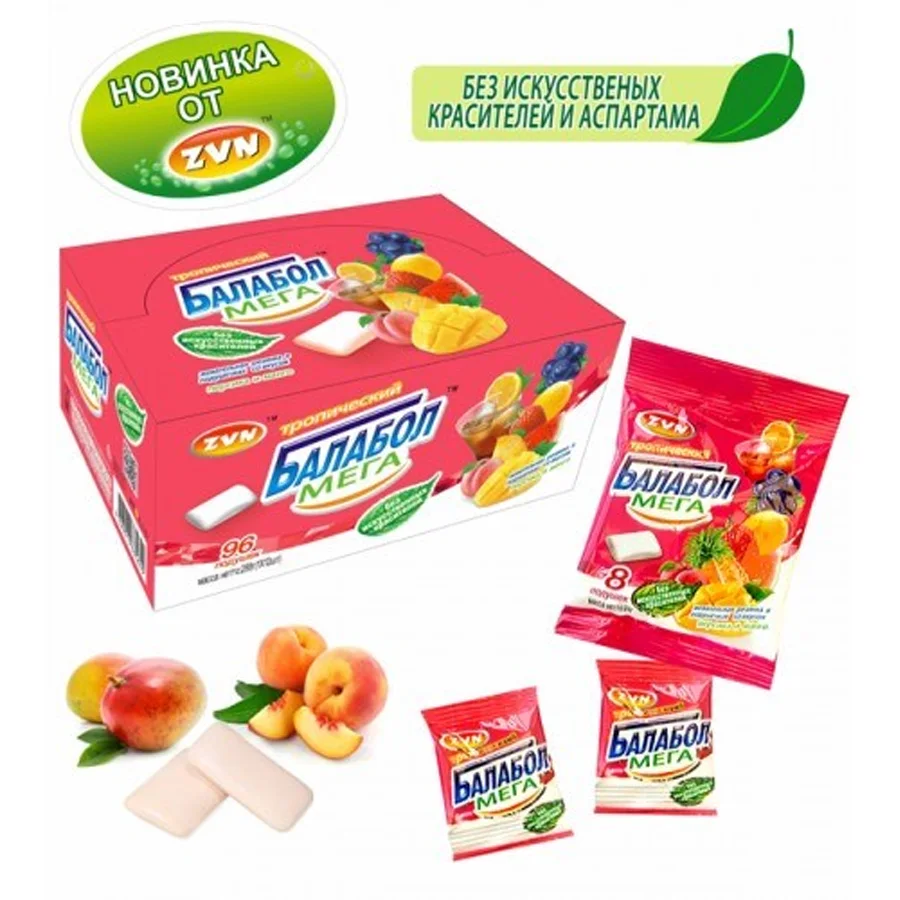Chewing gum "Tropical Balabol Mega" with peach taste, mango and mint