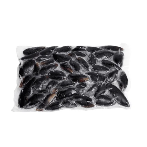 Mussels in shells (blue) 40/60 pcs., boiled and frozen without glaze, package weight 1 kg.