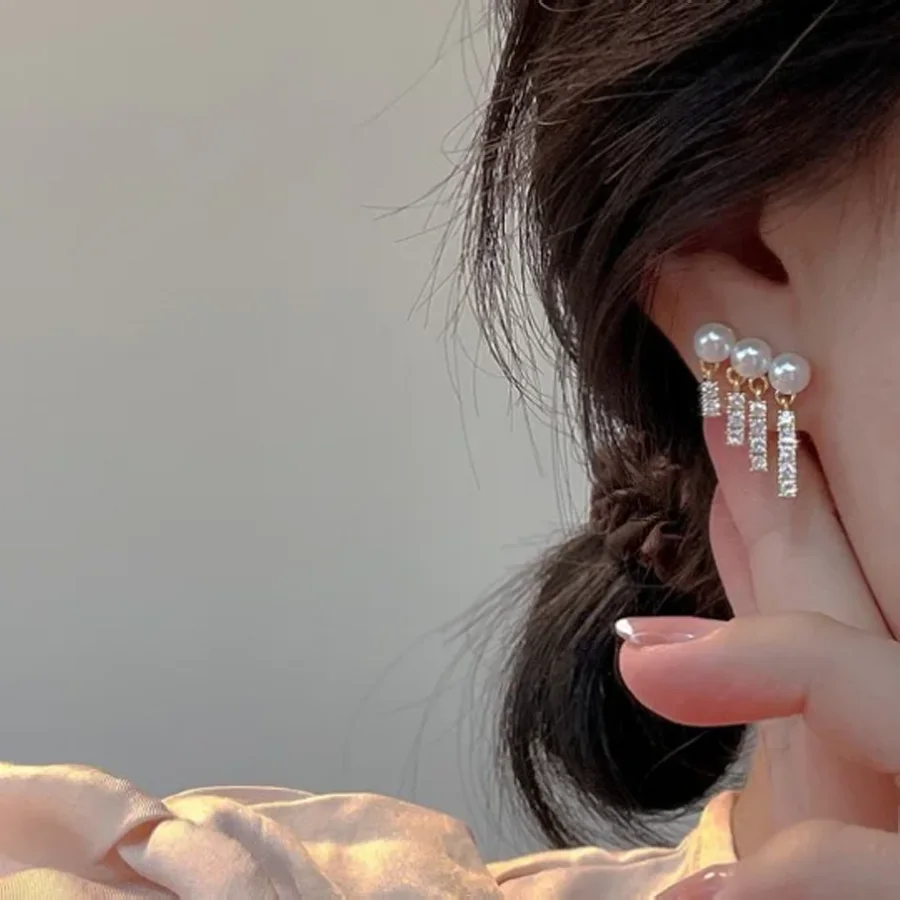 925 silver needle pearl earrings women's lightweight luxury luxury diamond four rows tassels simple super magic earrings wholesale