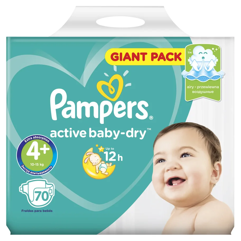 Diapers PAMPERS ACTIVE BABY-DRY 10-15 kg, size 4+, 70 pcs.