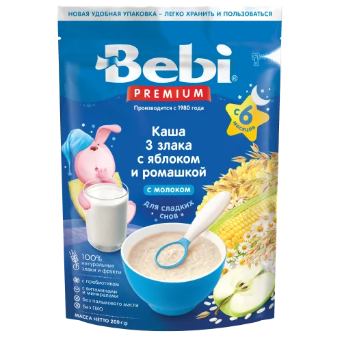 Porridge for children Bebi Premium Dairy 3 cereals with apple and chamomile for sweet dreams, from 6 months, 200 gr