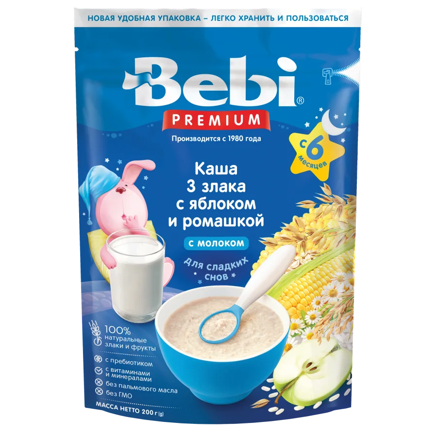 Каша для детей Bebi Premium Молочная 3 злака с яблоком и ромашкой для сладких снов, с 6 мес, 200 гр