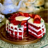 Cake red velvet with strawberries and rosemary