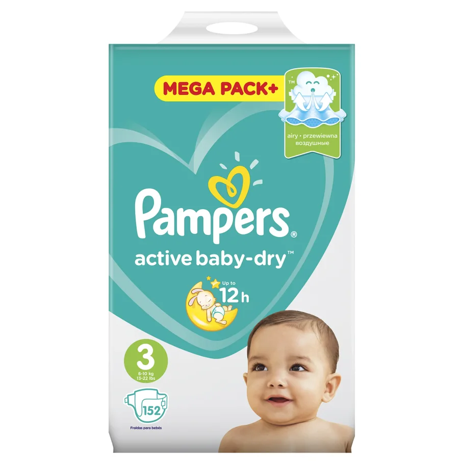 Подгузники Pampers Active Baby-Dry 6–10 кг, размер 3, 152 шт.