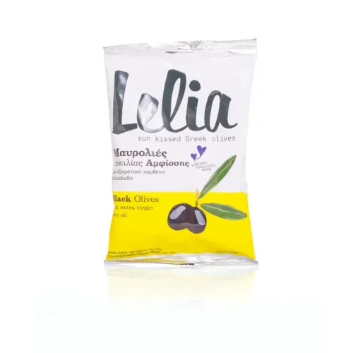 Black natural pitted olives in LELIA olive oil
