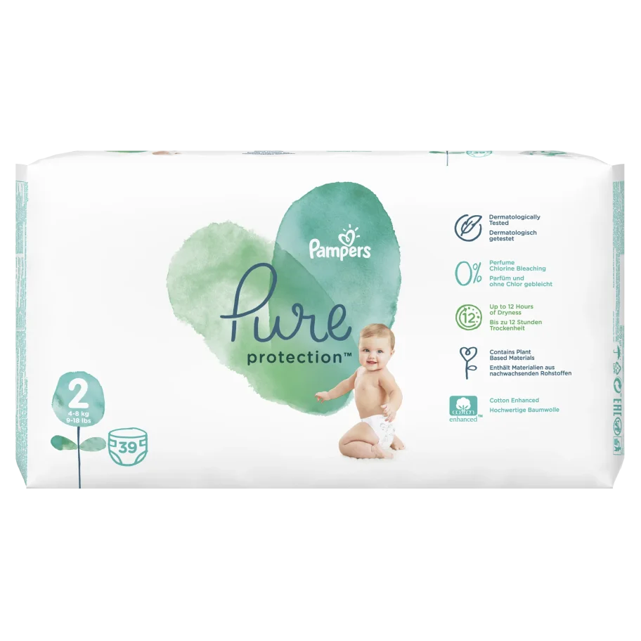 Diapers PAMPERS PURE PROTECTION 4-8 kg, size 2, 39 pcs.