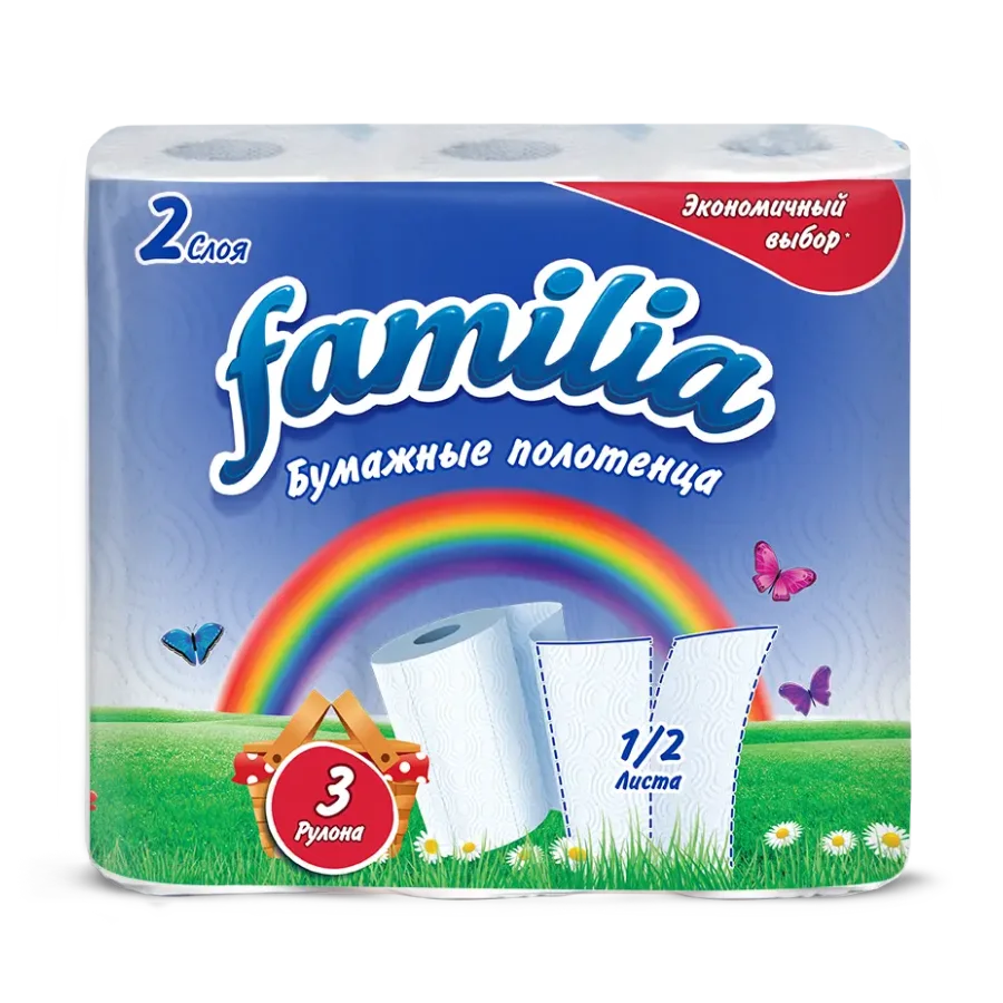 FAMILIA  Бумажные полотенца 2слоя 3рулона Радуга 1/2листа