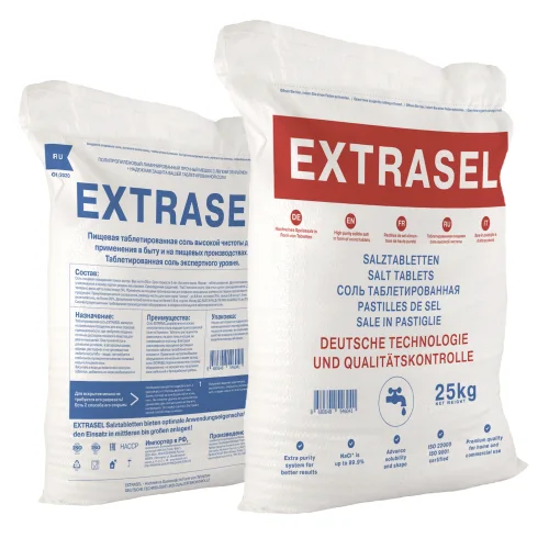 Tableted salt 25 kg, TM "EXTRASEL", food, Expert, Calibrated. NaCl 99.9% (Imported, Extrasel GMBH)