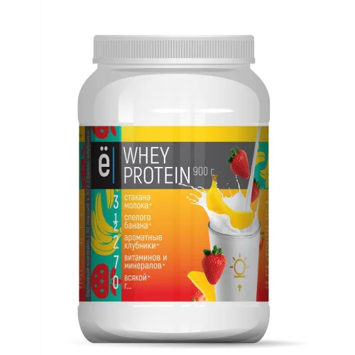 Protein-vitamin cocktail "Whey Protein" with strawberry-banana flavor and slices