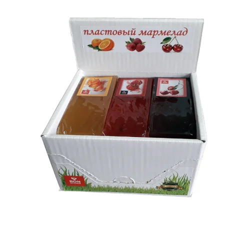 Set of plastic marmalade of three flavors: orange, raspberry, cherry, 6 pieces x 500g.