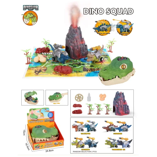 Game set: Volcano, 2 inertial dinosaurs, 8 pieces of parts, 1 card, Assorted 4    