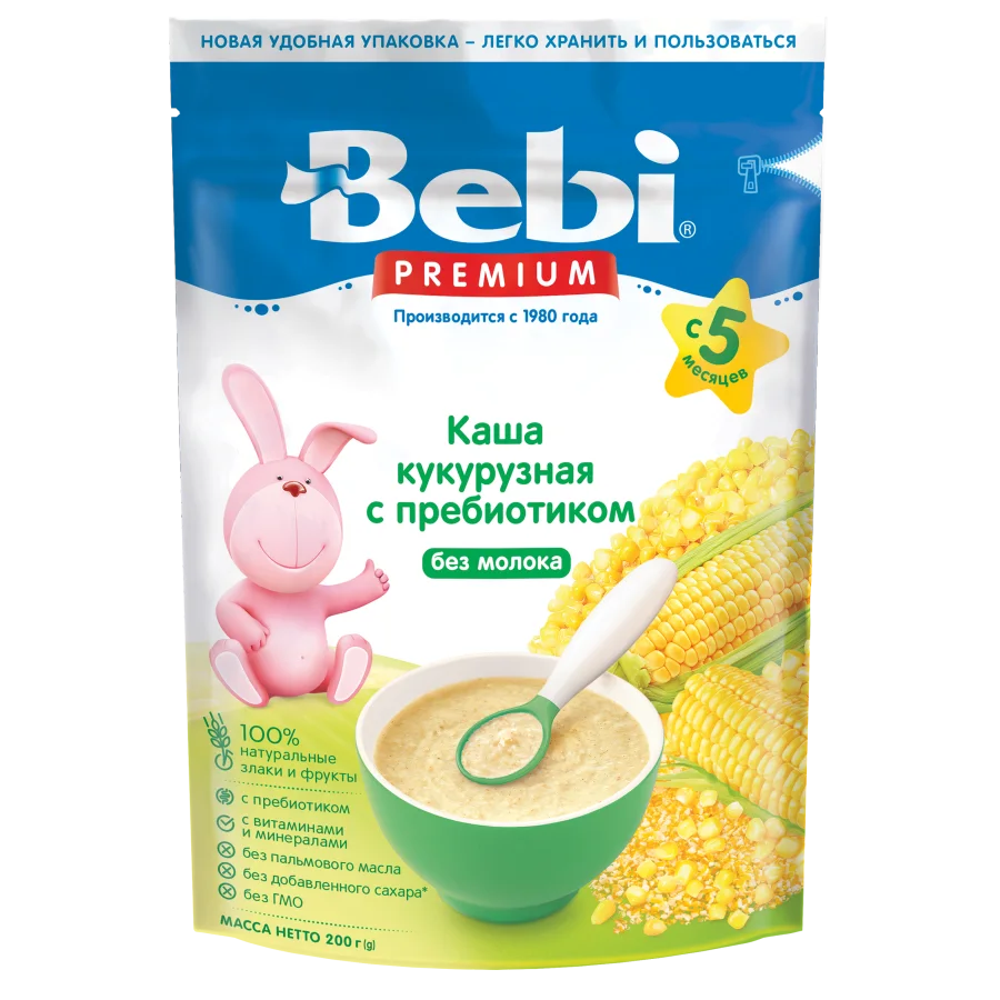 Каша для детей Bebi Premium Безмолочная Кукурузная c пребиотиком с 5 мес. 200 гр (9 шт.)