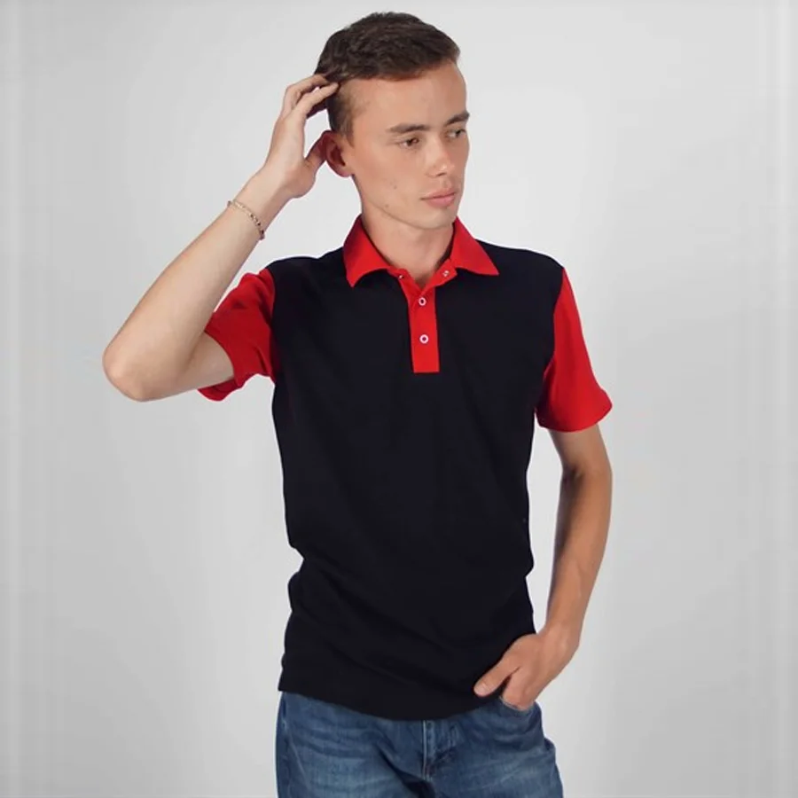Men's Black Polo Shirt with Red Sleeves