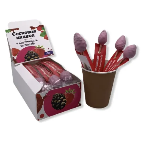 Pine cone on a stick in strawberry chocolate, show box, 187 gr, 15 pcs