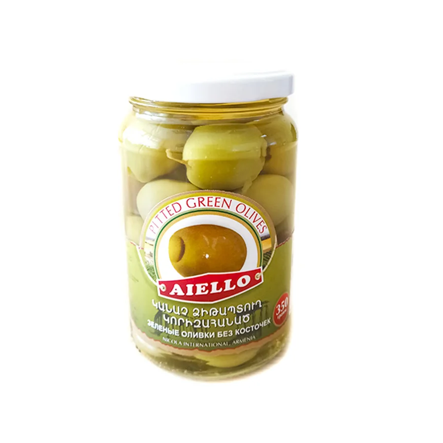 Seedless green olives in a jar