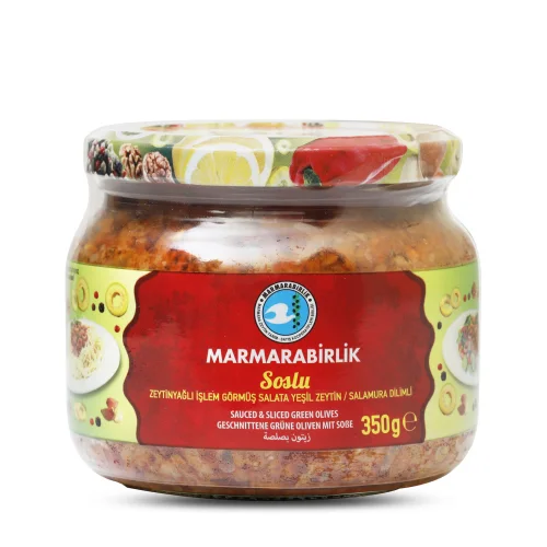 Green MARMARABIRLIK olives cut in sauce, 350g