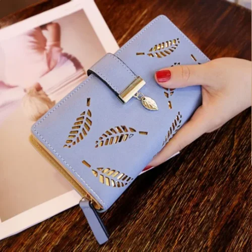 2023 new korean version of women's wallet, long length, fashionable clutch, wallet with hollow leaf and zipper, women's bag