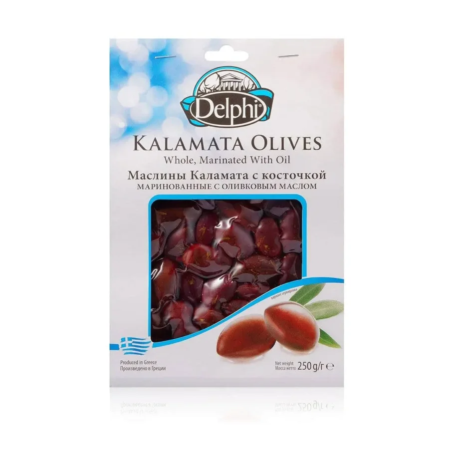 Маслины Каламата с косточкой маринованные с оливковым маслом  DELPHI 250г