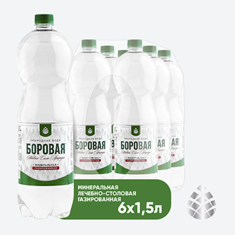 Вода питьевая BOROVAYA (БОРОВАЯ), природная газированная, ПЭТ, 1,5 л х 6 шт.
