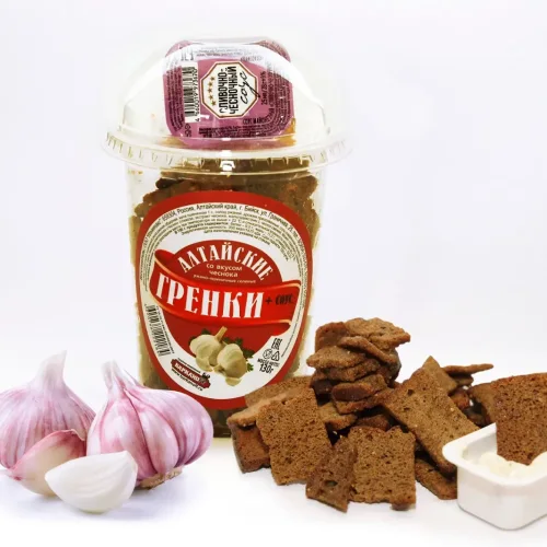 Rye-wheat crackers with garlic flavor, chips glass shape 130 g + sauce