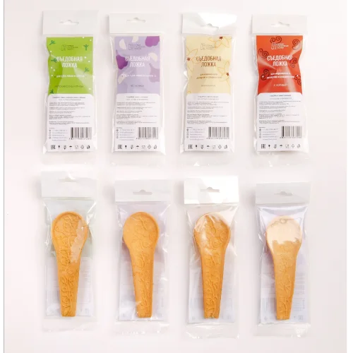 Edible vanilla spoon in individual packaging / first edible spoons