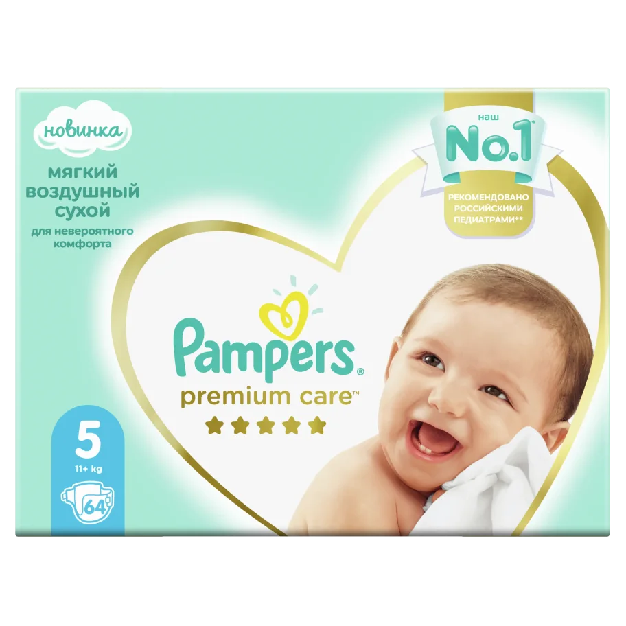Pampers Premium Care Размер 5, 64 Подгузники, 11kg+