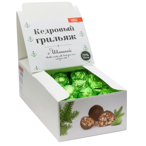 Cedar grillage show-box with Pine Cone in natural chocolate, 600 gr, 40 pcs
