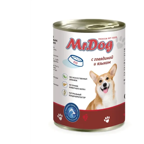 Mr.Dog Консервированный влажный корм                                                                         для собак с говядиной и языком, 410 гр. ж/б 