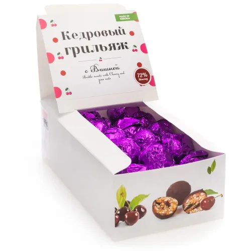 Cedar grillage show-box with Cherry in natural chocolate, 600 gr, 40 pcs