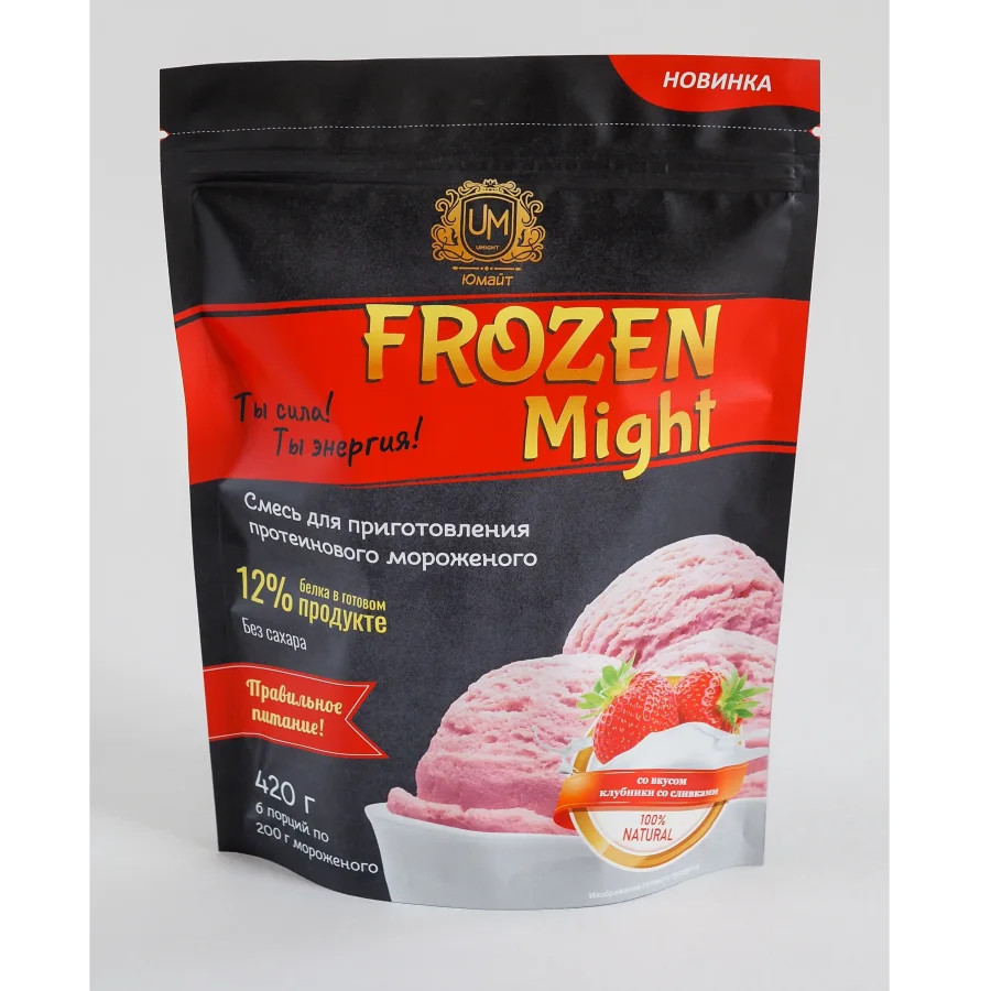 Frozen Might protein ice cream with strawberry flavor and cream (dry mix), 420 g