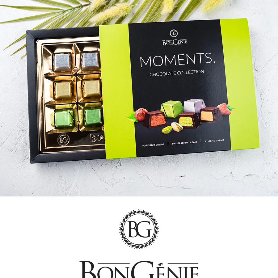 A set of Bongenie Assorted chocolates with fillings: praline almonds, hazelnuts, pistachio cream 150g.