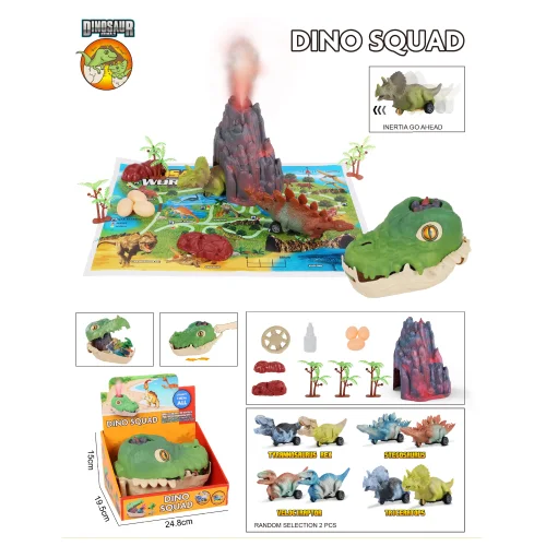Game set: Volcano, 2 inertial dinosaurs, 8 pieces of parts, 1 card, Assorted 1