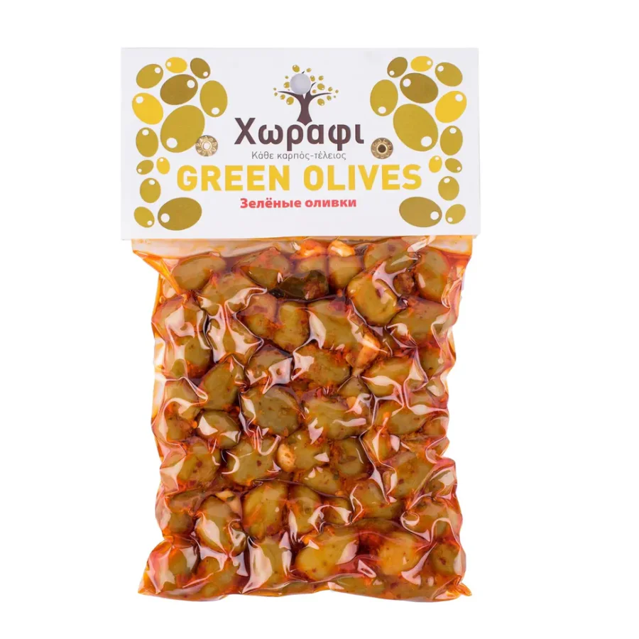 ЗЕЛЕНЫЕ ОЛИВКИ C ПЕРЦЕМ ЧИЛИ Хорафи 200 г вакуум