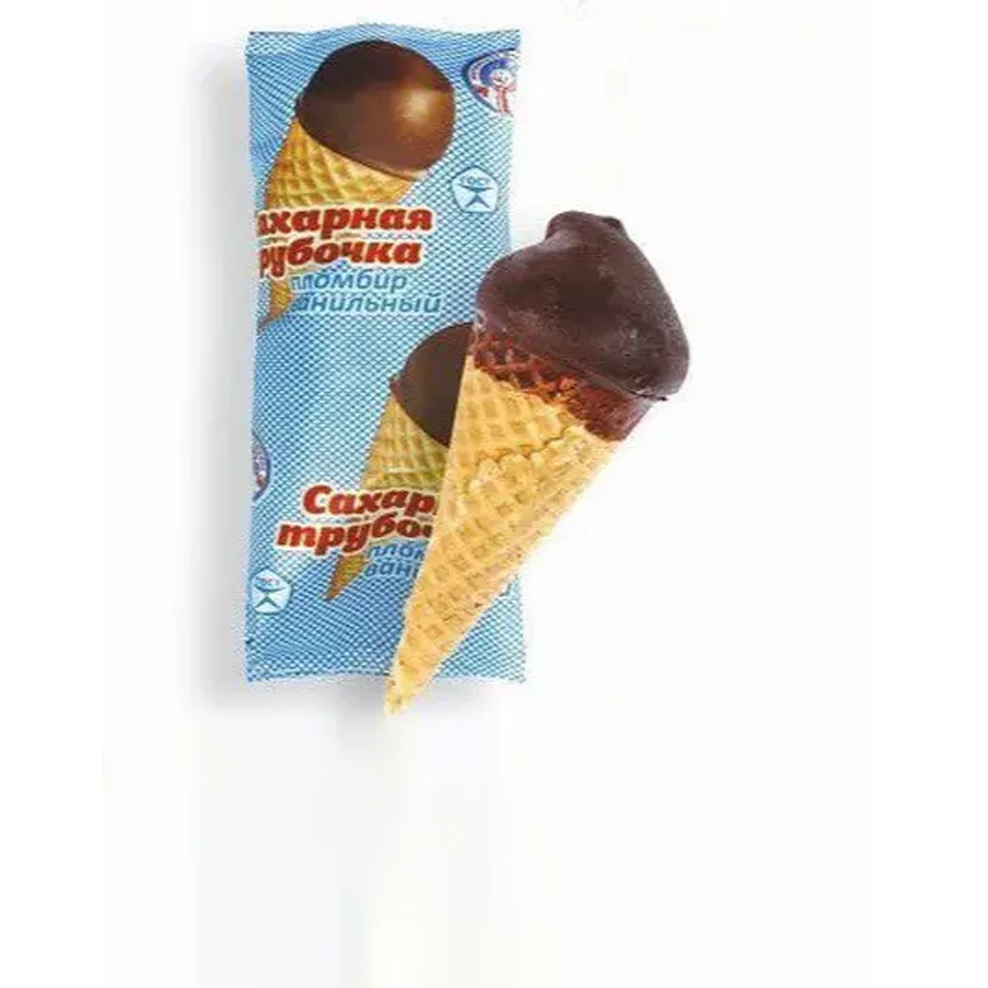 Ice cream in a sugar tube (vanilla) in chocolate glaze