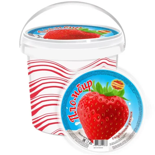 Ice cream seal with strawberry jam in plastic vessel