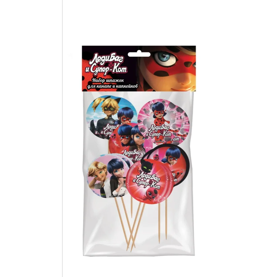 Lady Bug and Super Cat. Set of skewers for canapes and cupcakes, 12 pcs