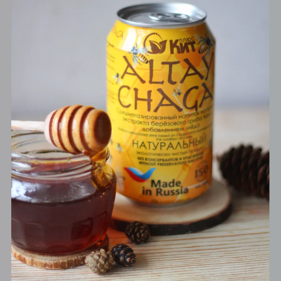 Среднегазированный напиток "ALTAYCHAGA" на основе экстракта берёзового гриба чаги с добавлением мёда