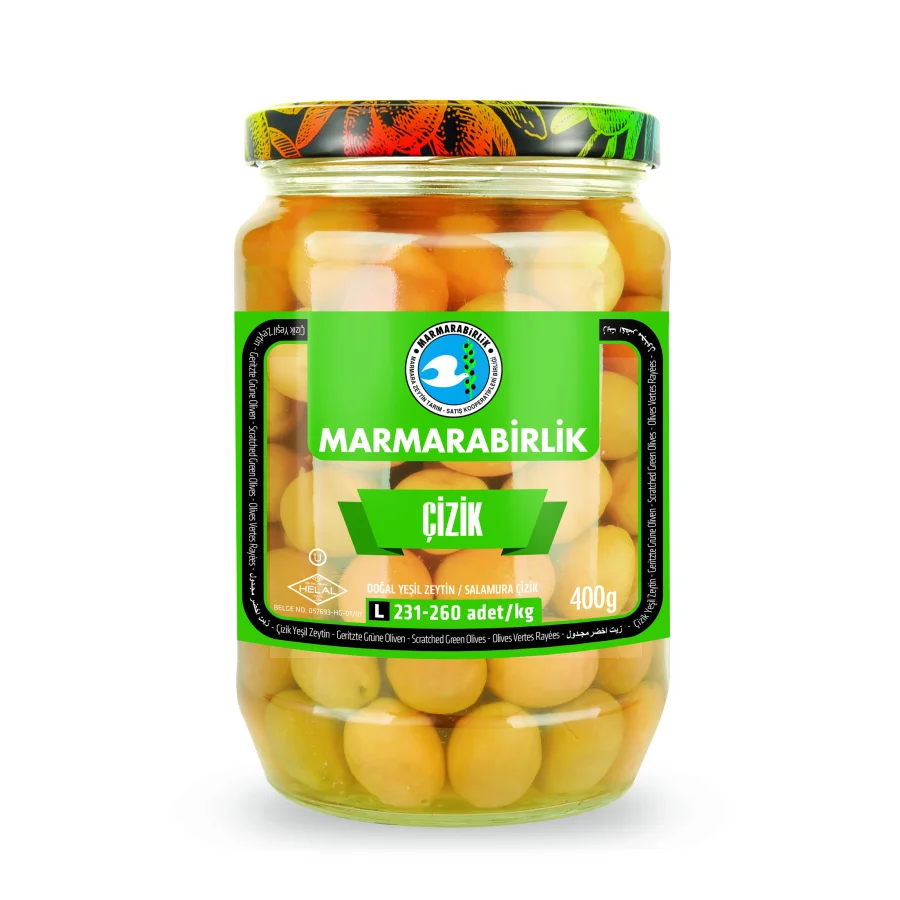 Green olives MARMARABIRLIK L incised natural with a stone in brine, 400g