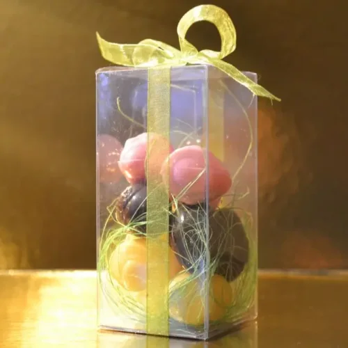 Colored eggs in a box
