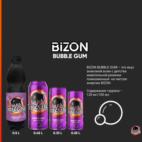Напиток безалкогольный газированный энергетический тонизирующий «BIZON BUBBLE GUM» Original Energy Drink («Бизон Бабл Гам»), 0,5 ПЭТ