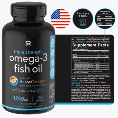 Sports Research - Omega 3 1250 mg 90 capsules for adult women and men, for hair loss, for nail growth, skin,