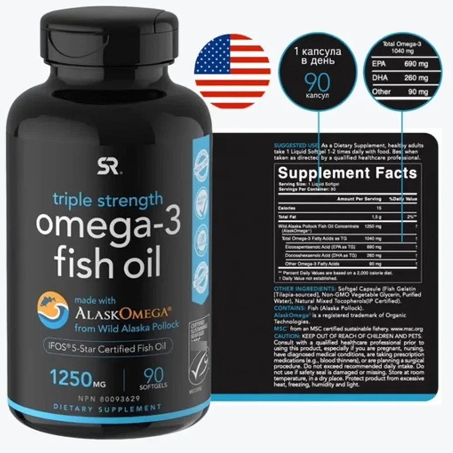 Sports Research - Omega 3 1250 mg 90 capsules for adult women and men, for hair loss, for nail growth, skin,